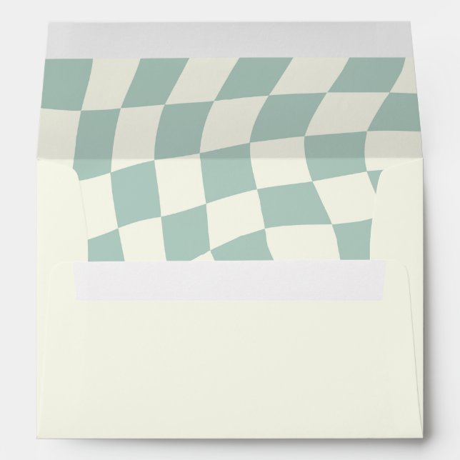 Retro Groovy Green Checkerboard Wedding Envelope (Back (Bottom))