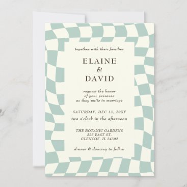 Retro Groovy Green Checkerboard Wedding Invitation
