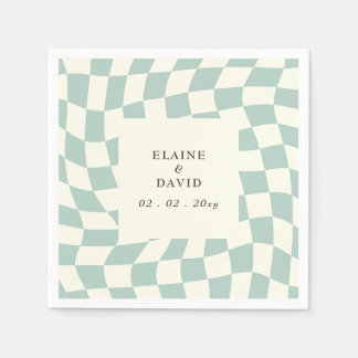 Retro Groovy Green Checkerboard Wedding Napkins
