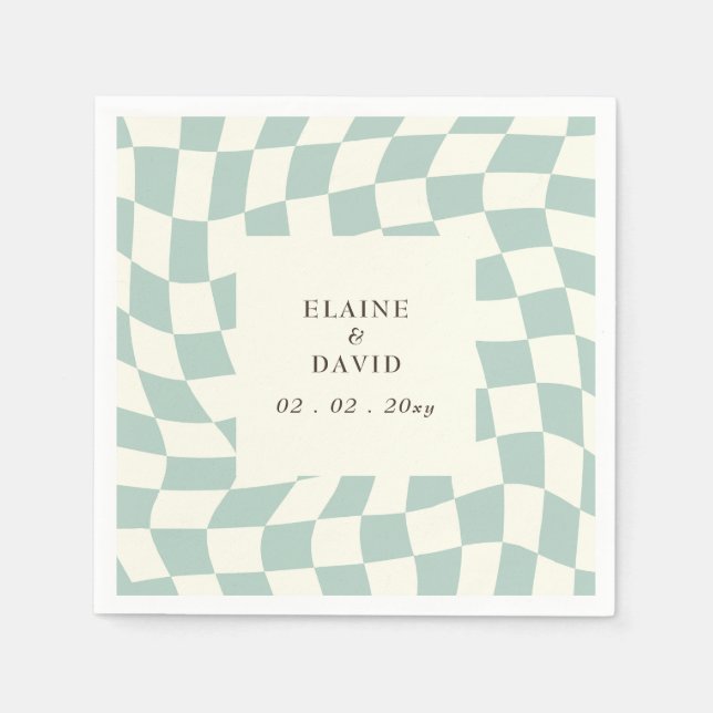 Retro Groovy Green Checkerboard Wedding Napkins (Front)