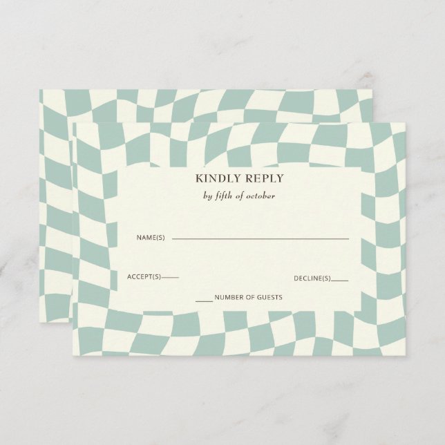 Retro Groovy Green Checkerboard Wedding  RSVP Card (Front/Back)