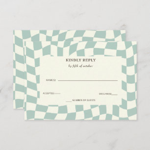 Retro Groovy Green Checkerboard Wedding RSVP Card