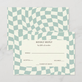 Retro Groovy Green Checkerboard Wedding  RSVP Card