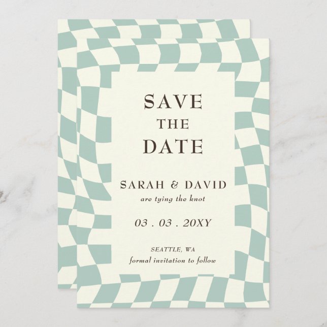 Retro Groovy Green Checkerboard Wedding Save The Date (Front/Back)