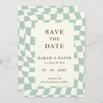 Retro Groovy Green Checkerboard Wedding Save The Date