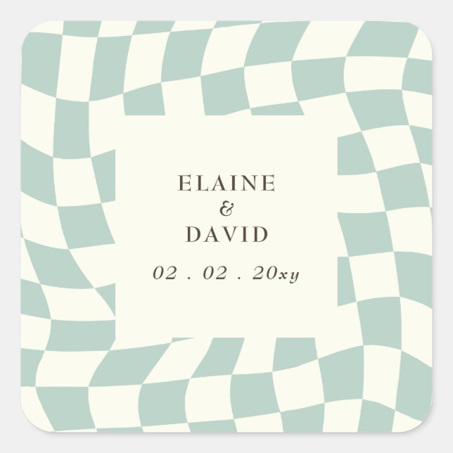 Retro Groovy Green Checkerboard Wedding Square Sticker (Front)