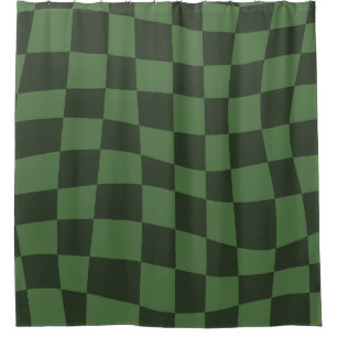 Retro Groovy green wavy checkered Pattern Shower Curtain
