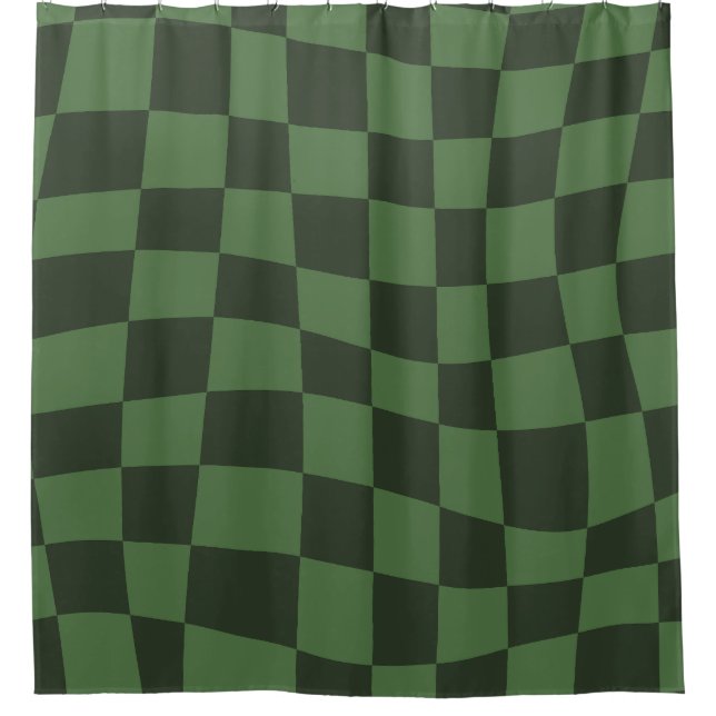 Retro Groovy green wavy checkered Pattern Shower Curtain (Front)