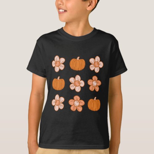Retro Groovy Halloween Fall Hippie Pumpkin Floral  T_Shirt