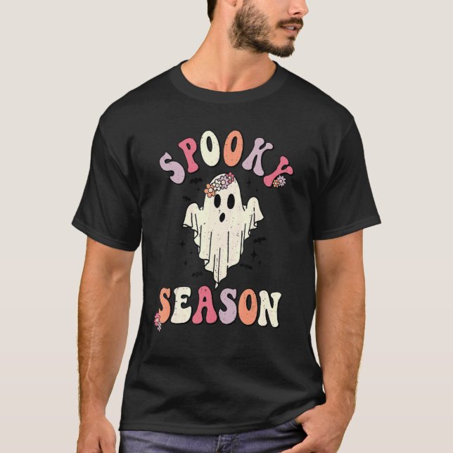 Retro Groovy Halloween Ghost Spooky Season Teacher T-Shirt (Front)