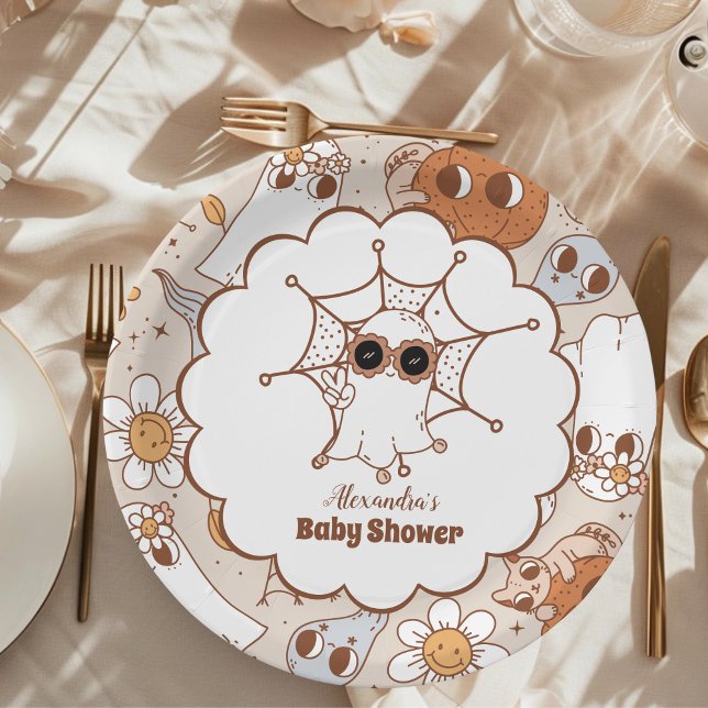 Retro Groovy Halloween Little Boo Baby Shower Paper Plates (Creator Uploaded)