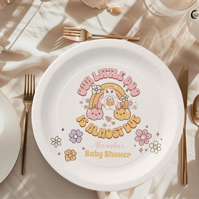 Retro Groovy Halloween Little Boo Baby Shower Paper Plates (Creator Uploaded)