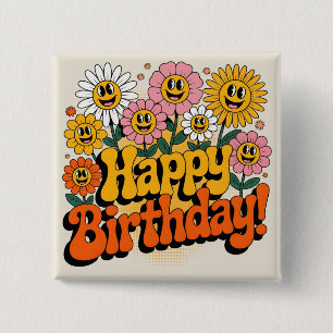 Retro Groovy Happy Birthday Floral Design Button
