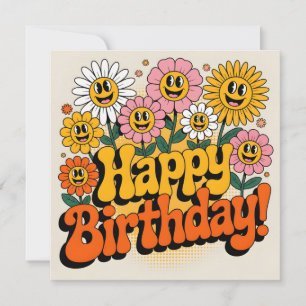 Retro Groovy Happy Birthday Floral Design Card