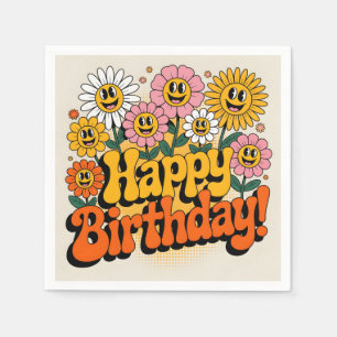 Retro Groovy Happy Birthday Floral Design Napkins