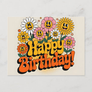 Retro Groovy Happy Birthday Floral Design Postcard