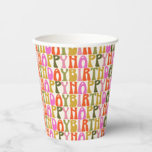 Retro Groovy Happy Birthday Pink Orange Olive Paper Cups