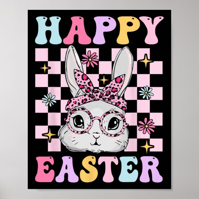 Retro Groovy Happy Easter Bunny Checkered For Wome Poster (Front)