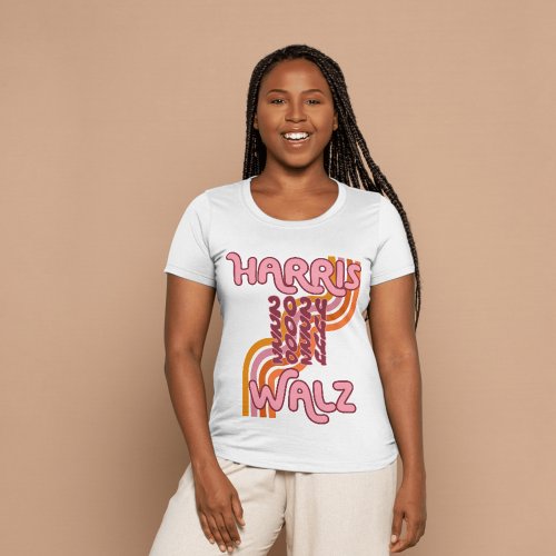 Retro Groovy Harris Walz 2024 Pink Orange Rainbow T_Shirt