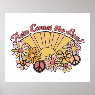 Retro Groovy Here Comes the Sun Vintage Graphic Poster