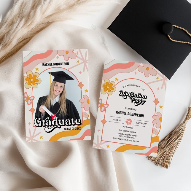 Retro Groovy Hippie Floral Photo Graduation Invitation (Retro groovy floral graduation invitation)
