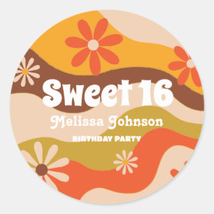 Retro Groovy Hippie Flower Sweet 16 Birthday Classic Round Sticker