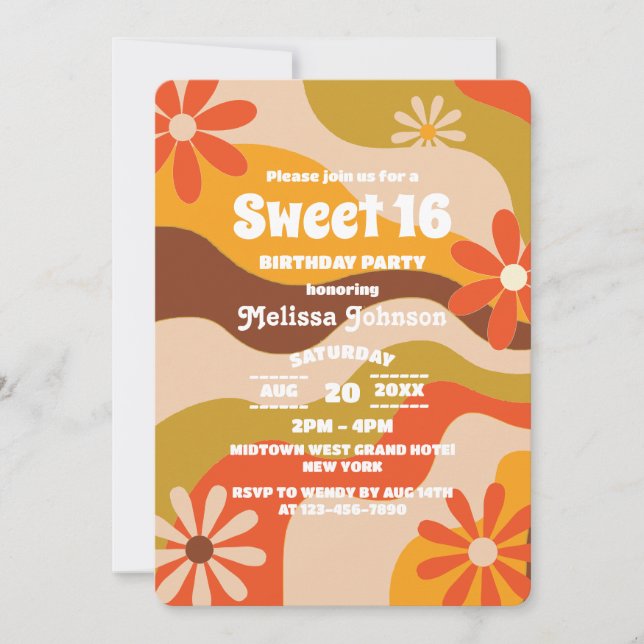 Retro Groovy Hippie Flower Sweet 16 Invitation (Front)
