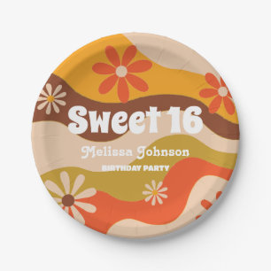Retro Groovy Hippie Flower Sweet 16 Paper Plates