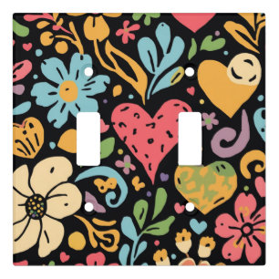 Retro Groovy Hippie Flowers and Hearts Light Switch Cover