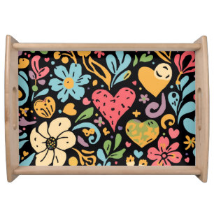 Retro Groovy Hippie Flowers and Hearts Serving Tray