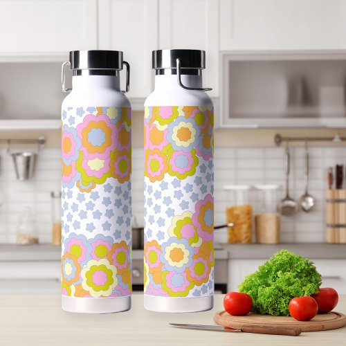 Retro Groovy Hippie Flowers and Stars Water Bottle
