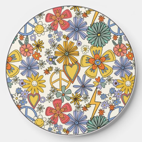 Retro Groovy Hippie Flowers Hearts Floral Wireless Charger
