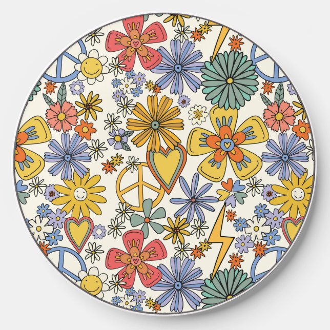 Retro Groovy Hippie Flowers Hearts Floral Wireless Charger (Front)