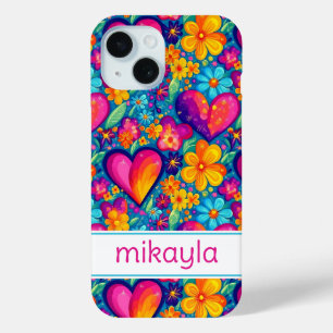 Retro Groovy Hippie Flowers Hearts Personalized iPhone 15 Case