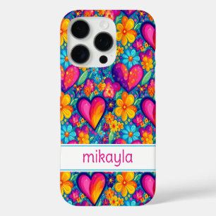 Retro Groovy Hippie Flowers Hearts Personalized iPhone 16 Pro Case