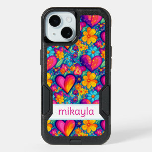 Retro Groovy Hippie Flowers Hearts Personalized iPhone 15 Case