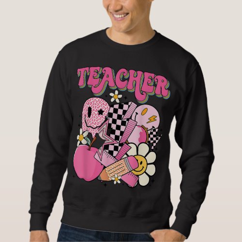 Retro Groovy Hippie Smile Face Teacher Women Back  Sweatshirt