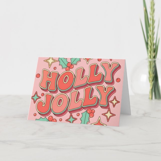 Retro Groovy Holly Jolly Merry Christmas Holiday Card (Front)