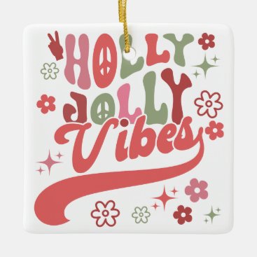 Retro Groovy Holly Jolly Vibes Holiday Photo Ceramic Ornament