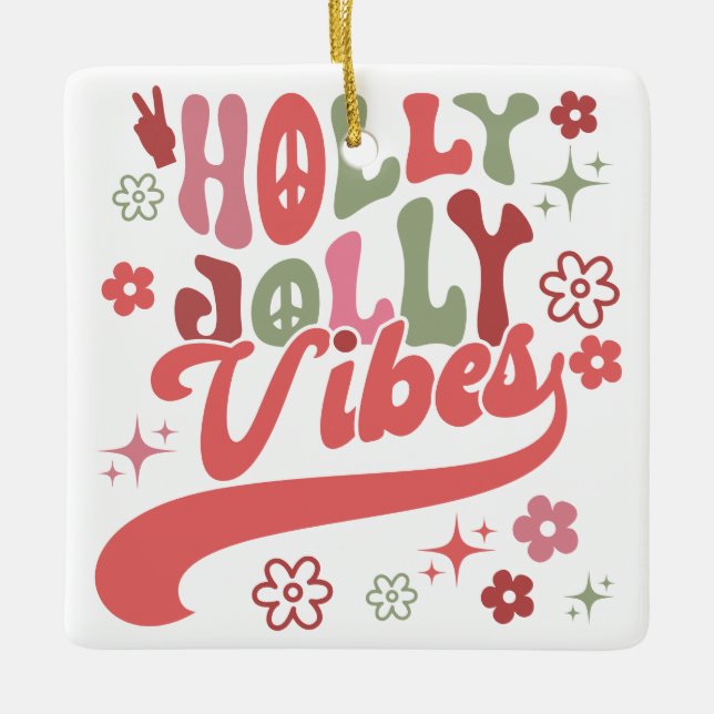 Retro Groovy Holly Jolly Vibes Holiday Photo Ceramic Ornament (Front)