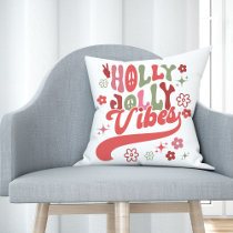 Retro Groovy Holly Jolly Vibes Holiday Photo Throw Pillow