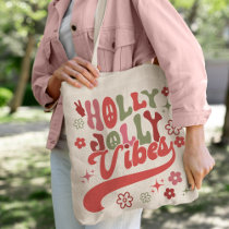 Retro Groovy Holly Jolly Vibes Holiday Photo Tote Bag