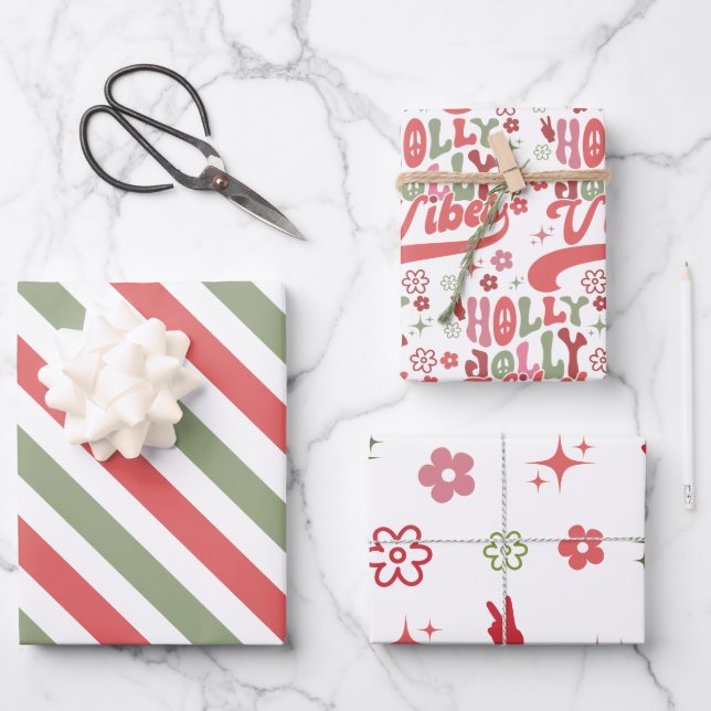 Retro Groovy Holly Jolly Vibes Holiday Wrapping Paper Sheets (Front)