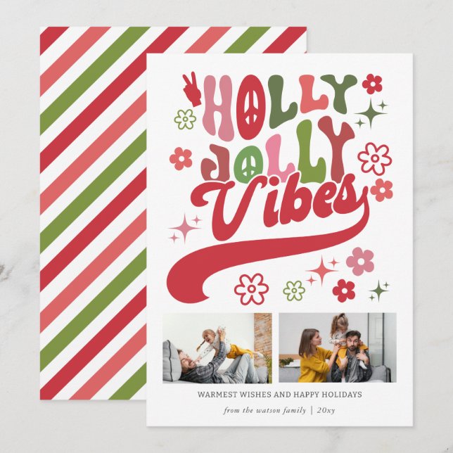 Retro Groovy Holly Jolly Vibes Typography 2 Photo Holiday Card (Front/Back)