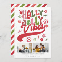 Retro Groovy Holly Jolly Vibes Typography 2 Photo Holiday Card