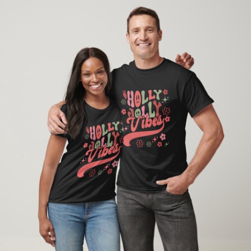 Retro Groovy Holly Jolly Vibes Typography Holiday T_Shirt