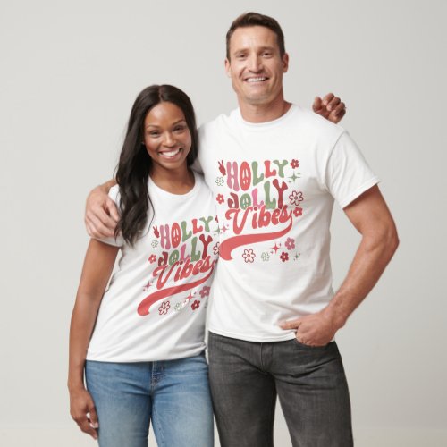 Retro Groovy Holly Jolly Vibes Typography Holiday T_Shirt