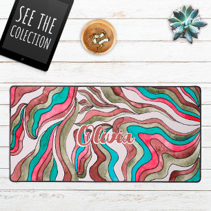 Retro Groovy Hot Pink Burgundy Wavy Script Name Desk Mat