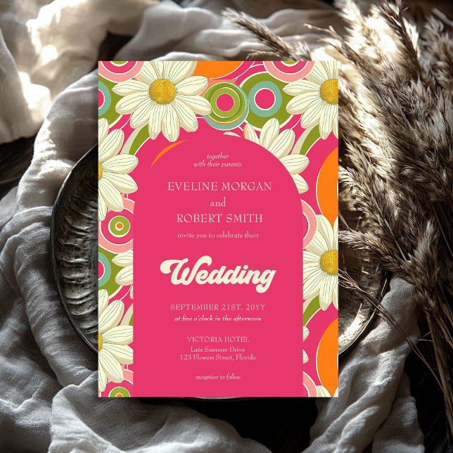 Retro groovy hot pink orange and white daisies invitation (116 Retro groovy hot pink orange and white daisies wedding Invitation)
