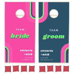 Retro Groovy Hot Pink Team Bride Groom Wedding Cornhole Set